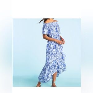 Vineyard Vines Blue and White banana leaf off the shoulder dress